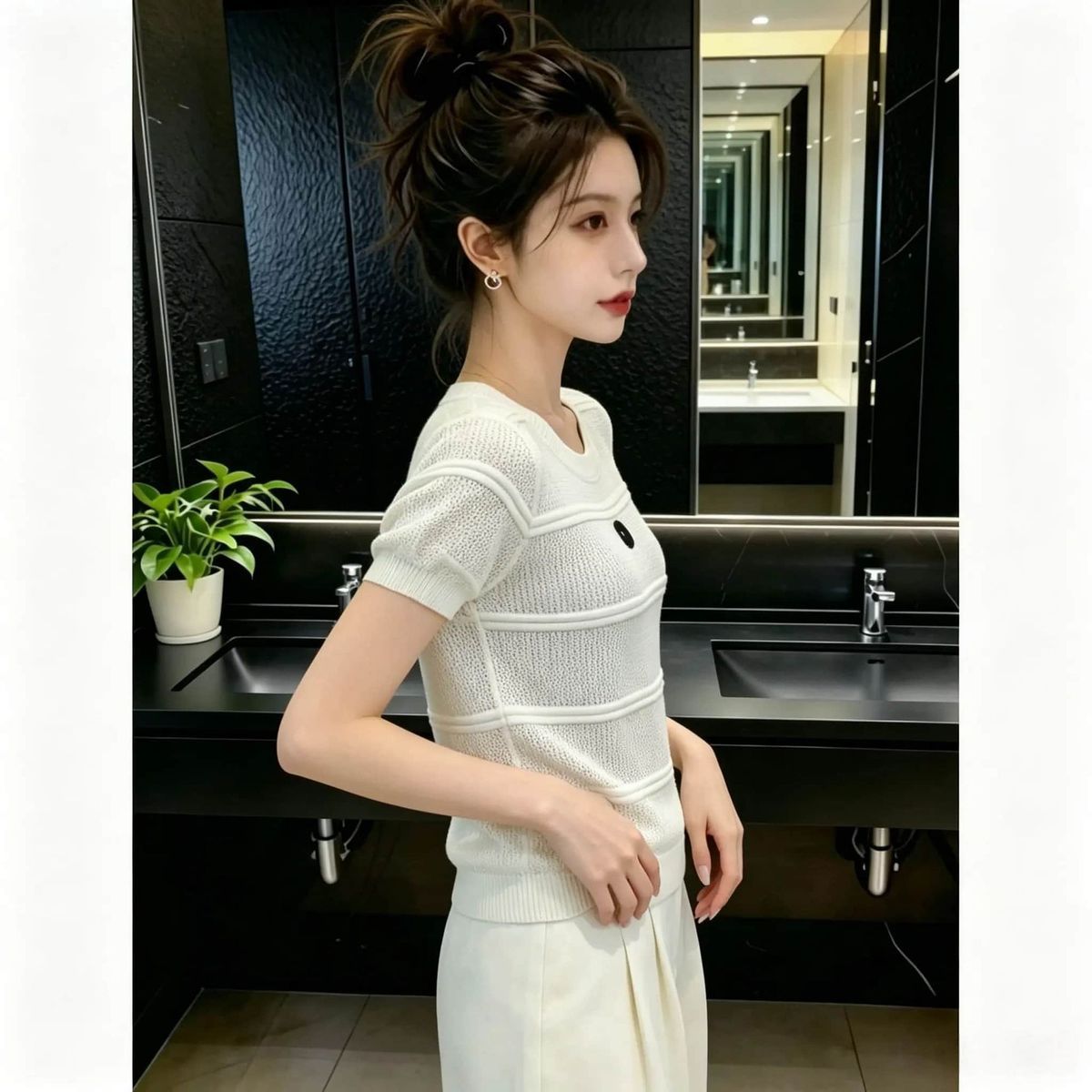White Striped Short-sleeve Knit For Women, 2026 Summer New Style, Slim-fit, Round-neck, Fashionable, Hollow-out,_ecoleips.com