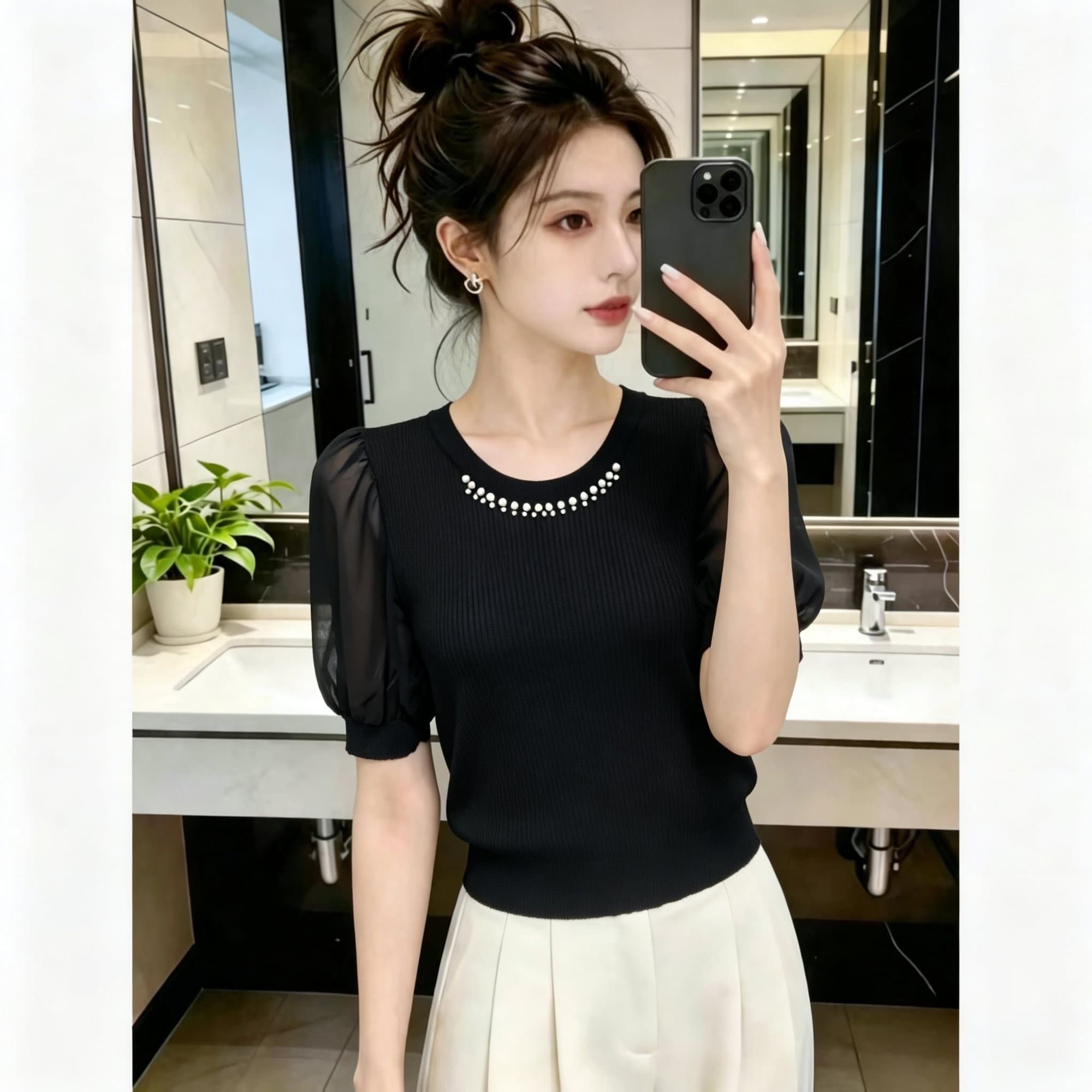 Elegant, High-end, Comfortable, Commuter-style, Heavy-duty Beaded Round-neck Short-sleeve Chiffon Blouse For Women,_ecoleips.com