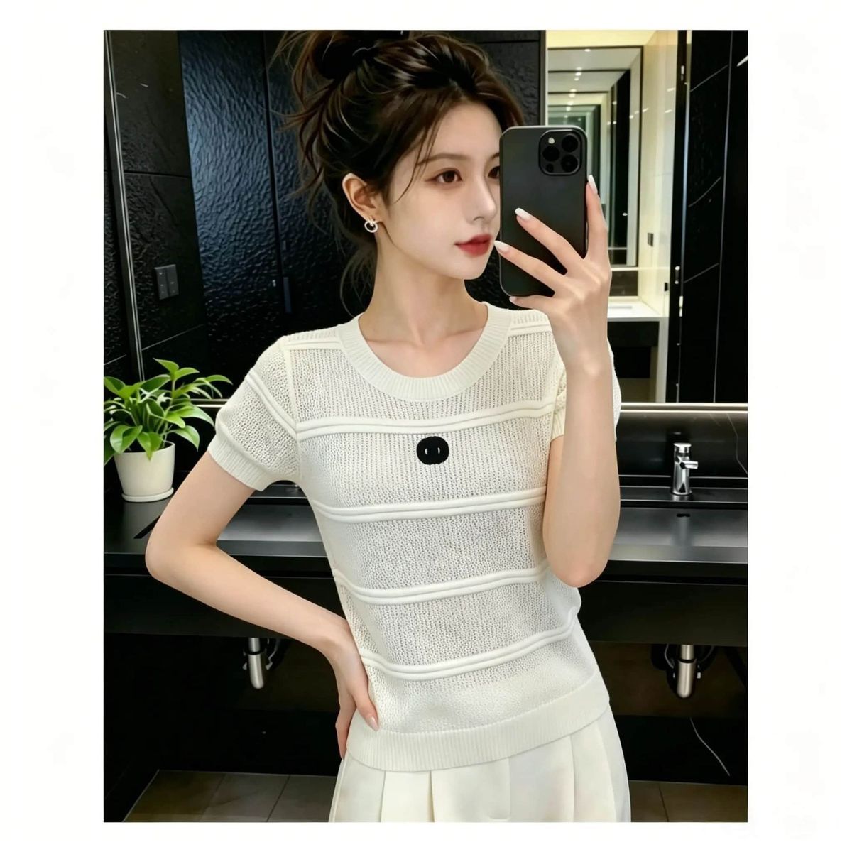 White Striped Short-sleeve Knit For Women, 2026 Summer New Style, Slim-fit, Round-neck, Fashionable, Hollow-out,_ecoleips.com