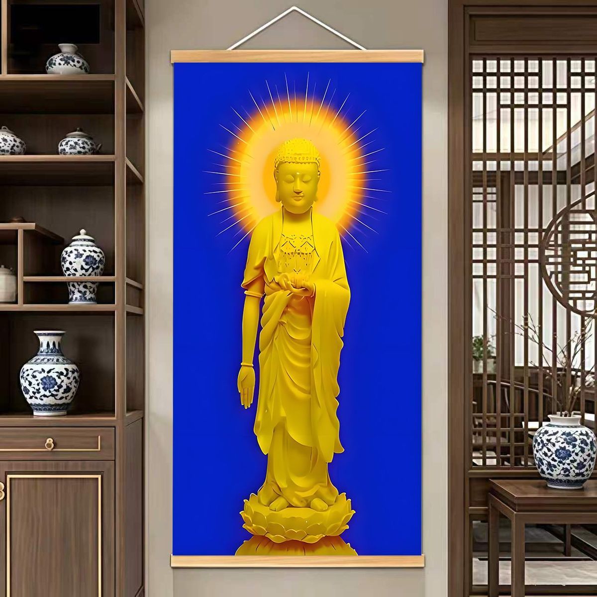 西方三圣佛像实木卷轴挂画新中式客厅玄关书房茶室禅意国风装饰画 5