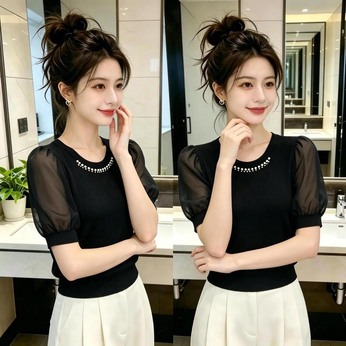 Elegant, High-end, Comfortable, Commuter-style, Heavy-duty Beaded Round-neck Short-sleeve Chiffon Blouse For Women,_ecoleips.com