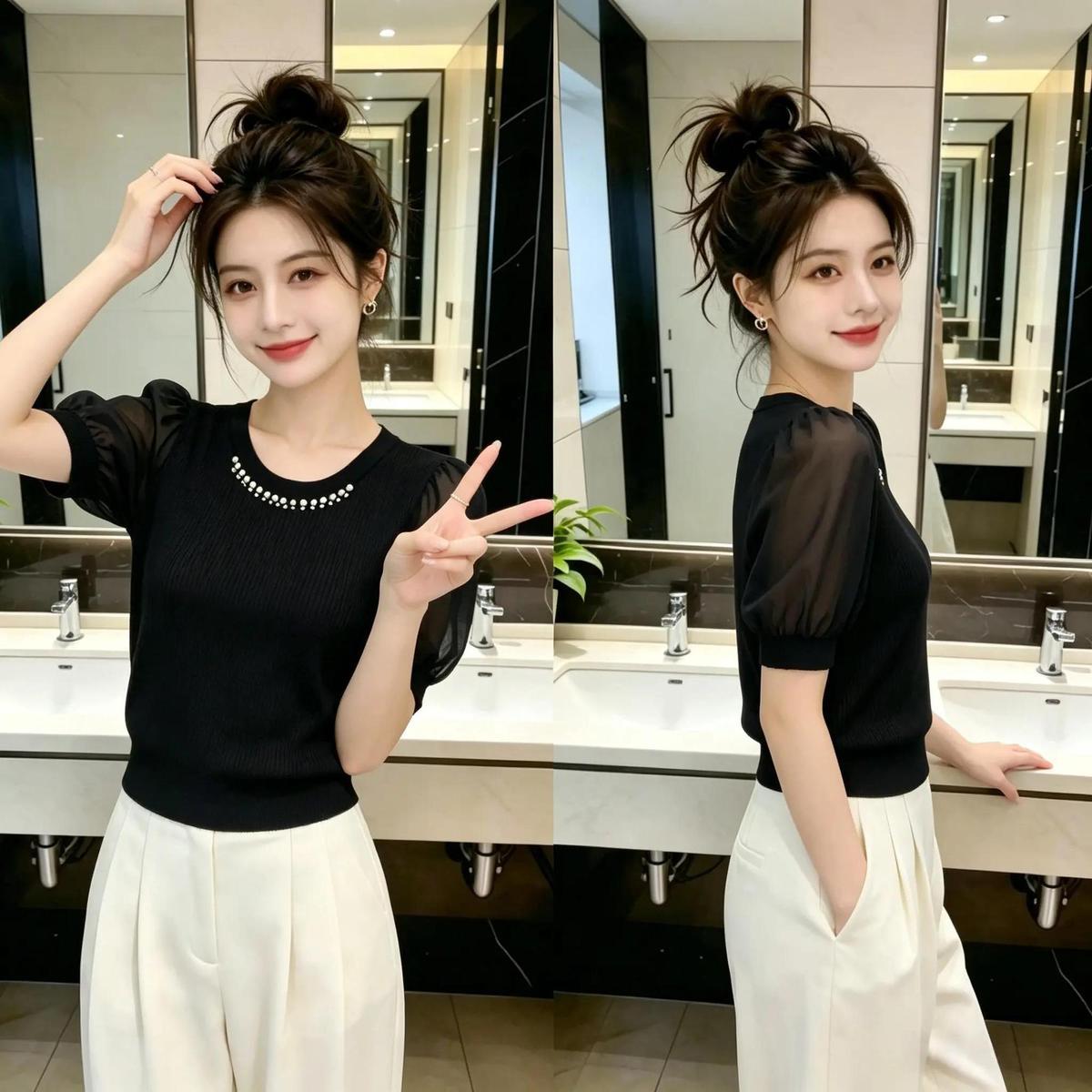 Elegant, High-end, Comfortable, Commuter-style, Heavy-duty Beaded Round-neck Short-sleeve Chiffon Blouse For Women,_ecoleips.com