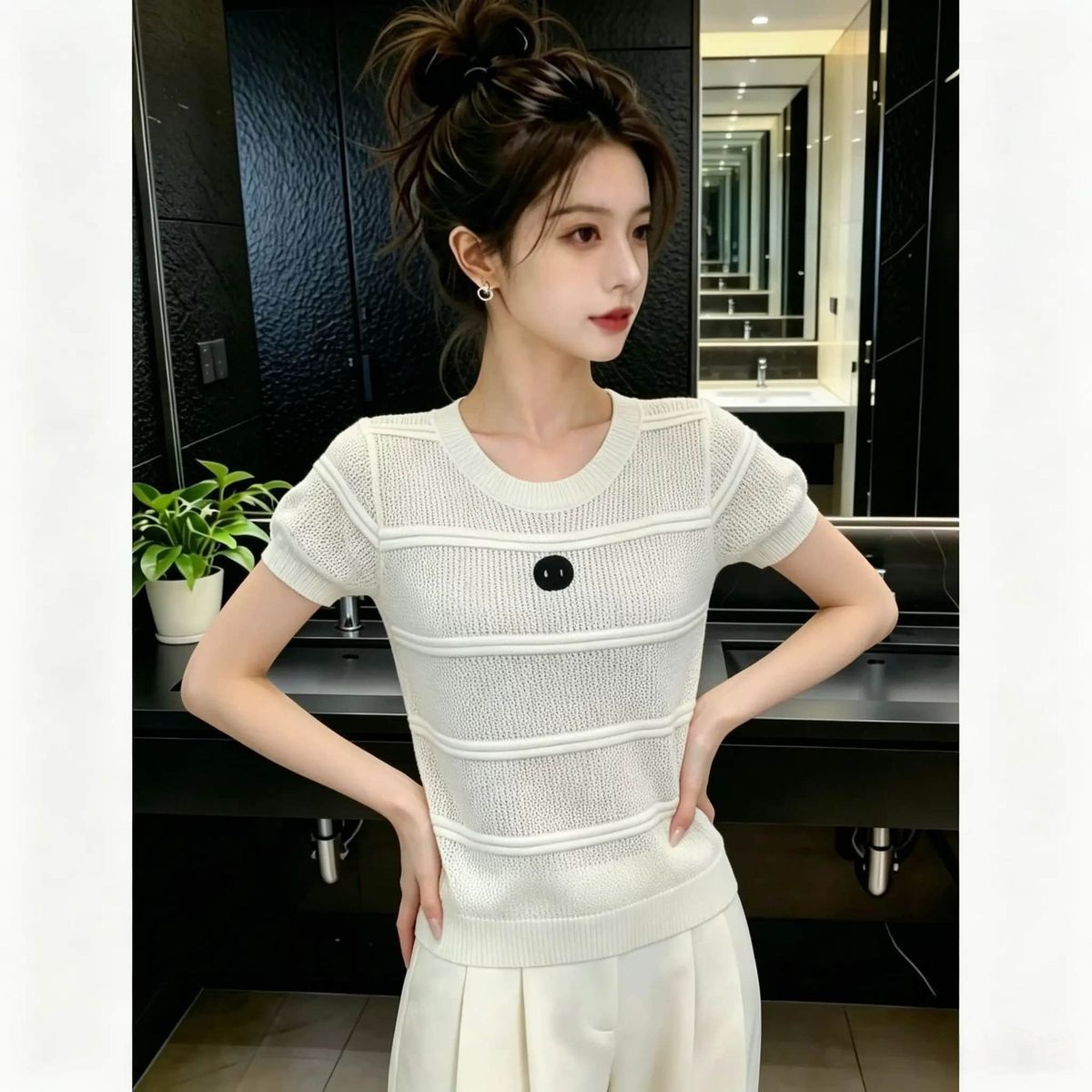 White Striped Short-sleeve Knit For Women, 2026 Summer New Style, Slim-fit, Round-neck, Fashionable, Hollow-out,_ecoleips.com