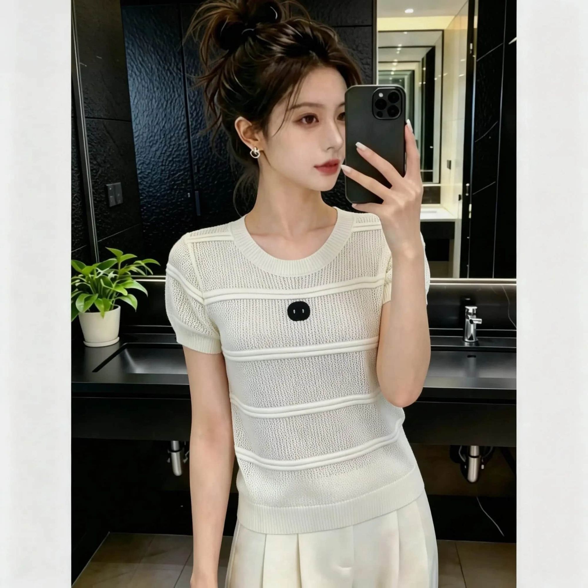 White Striped Short-sleeve Knit For Women, 2026 Summer New Style, Slim-fit, Round-neck, Fashionable, Hollow-out,_ecoleips.com