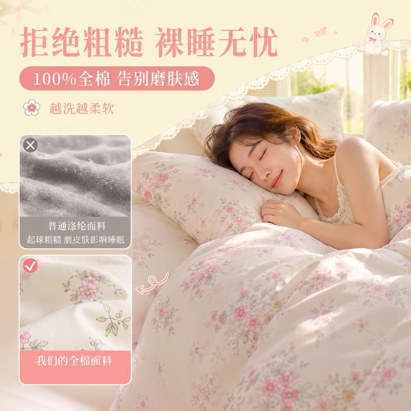 LEHOME纯棉四件套全棉床上用品田园四季被套学生宿舍床单三件套 图片 7
