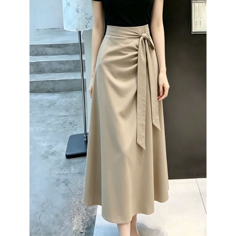 韩系休闲风卡其色系带半身裙女2026夏季新款通勤高腰气质A字长裙