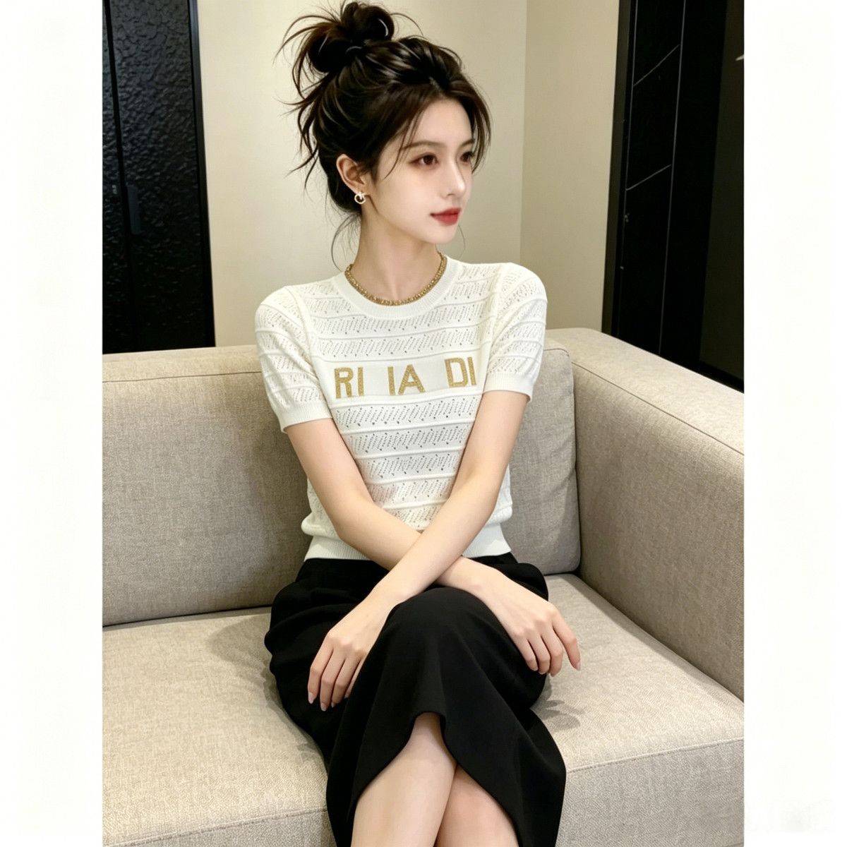 Korean-style Hollow-out Knitted Short-sleeve T-shirt For Women, 2026 Spring-summer New Model, Breathable, Regular_ecoleips.com
