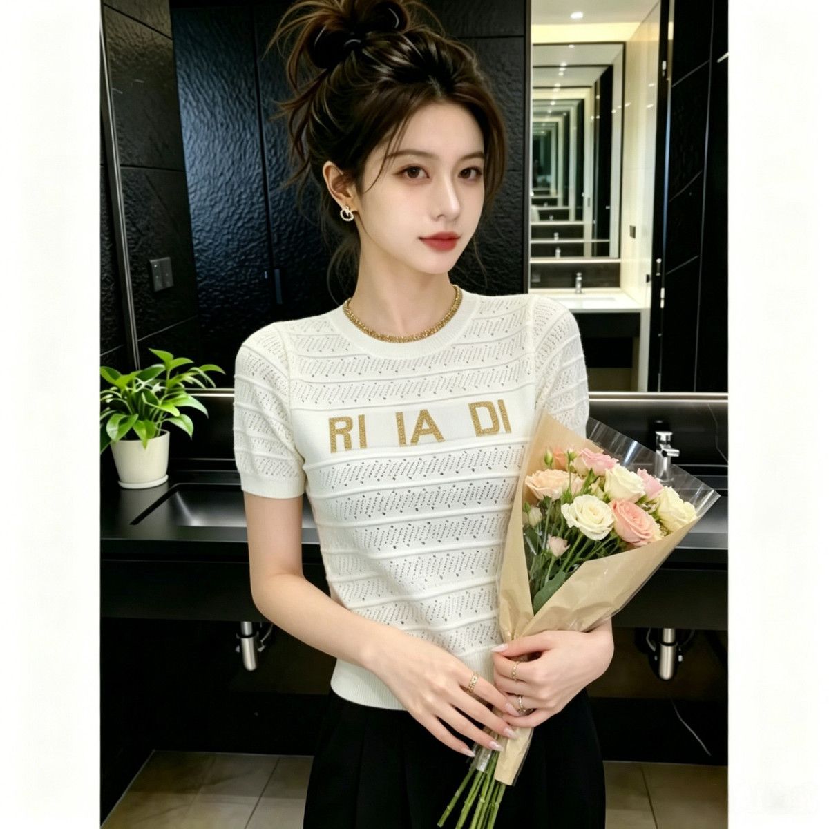 Korean-style Hollow-out Knitted Short-sleeve T-shirt For Women, 2026 Spring-summer New Model, Breathable, Regular_ecoleips.com