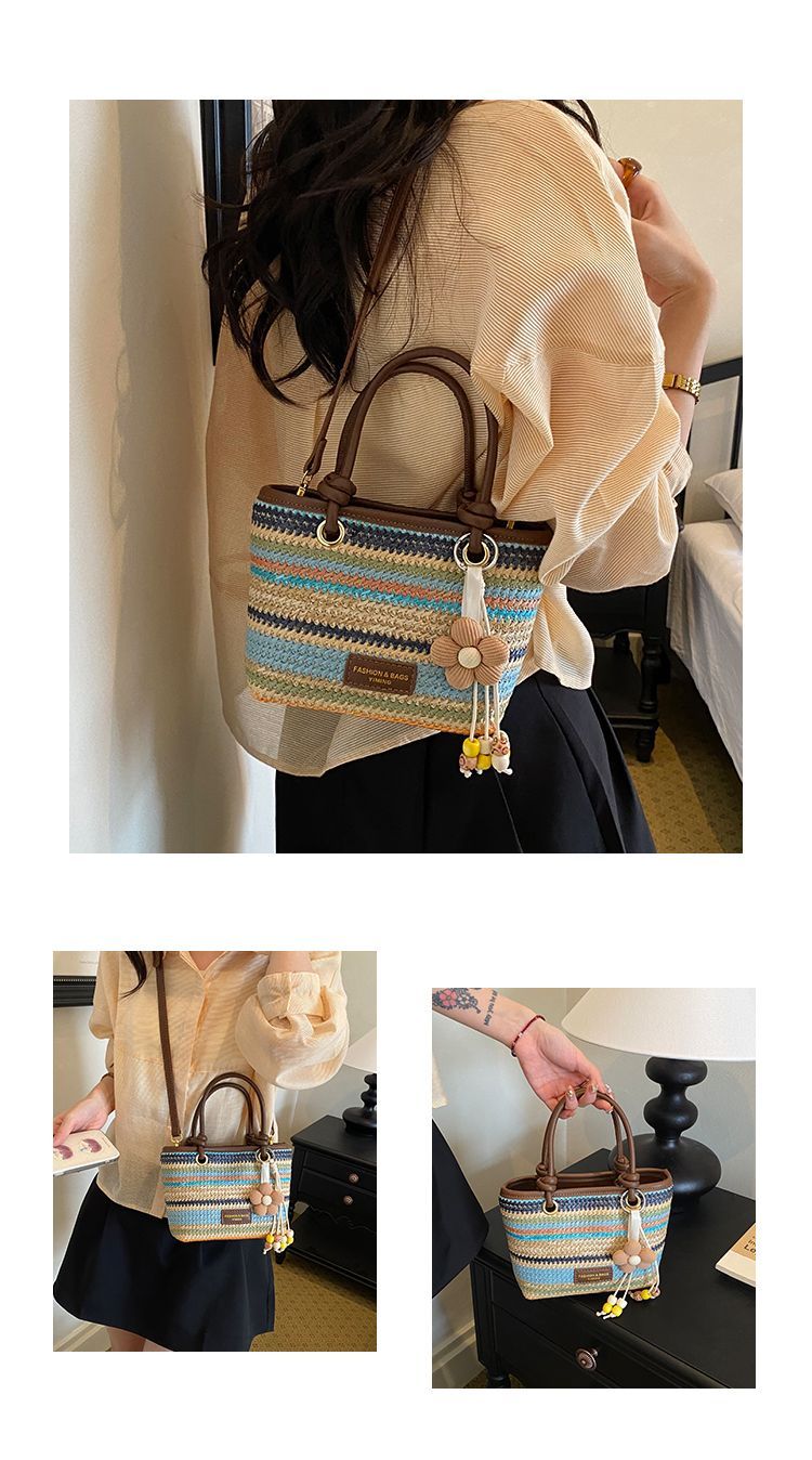 Borsa a secchiello in paglia intrecciata donna, borsa a righe_voghion.com
