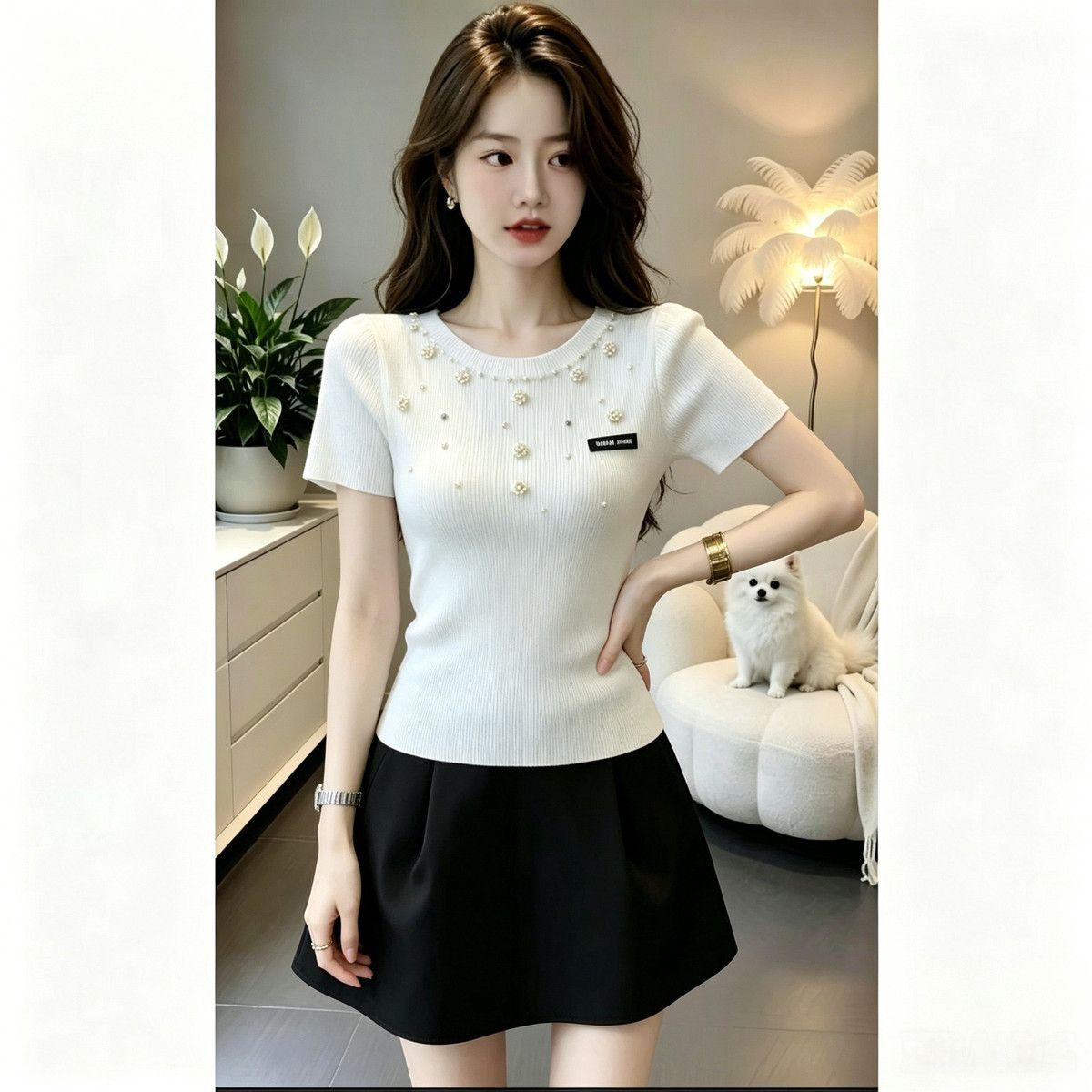 Summer Light Luxury Socialite Style White Short-sleeved Knit Top For Women With Heavy-duty Rhinestone-embellished Collar_ecoleips.com