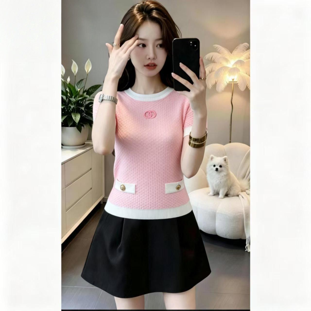 Casual Knit Shirt Women, 2026 Summer New French Style Color-Block Round-Neck Short-Sleeve Top For Women_ecoleips.com