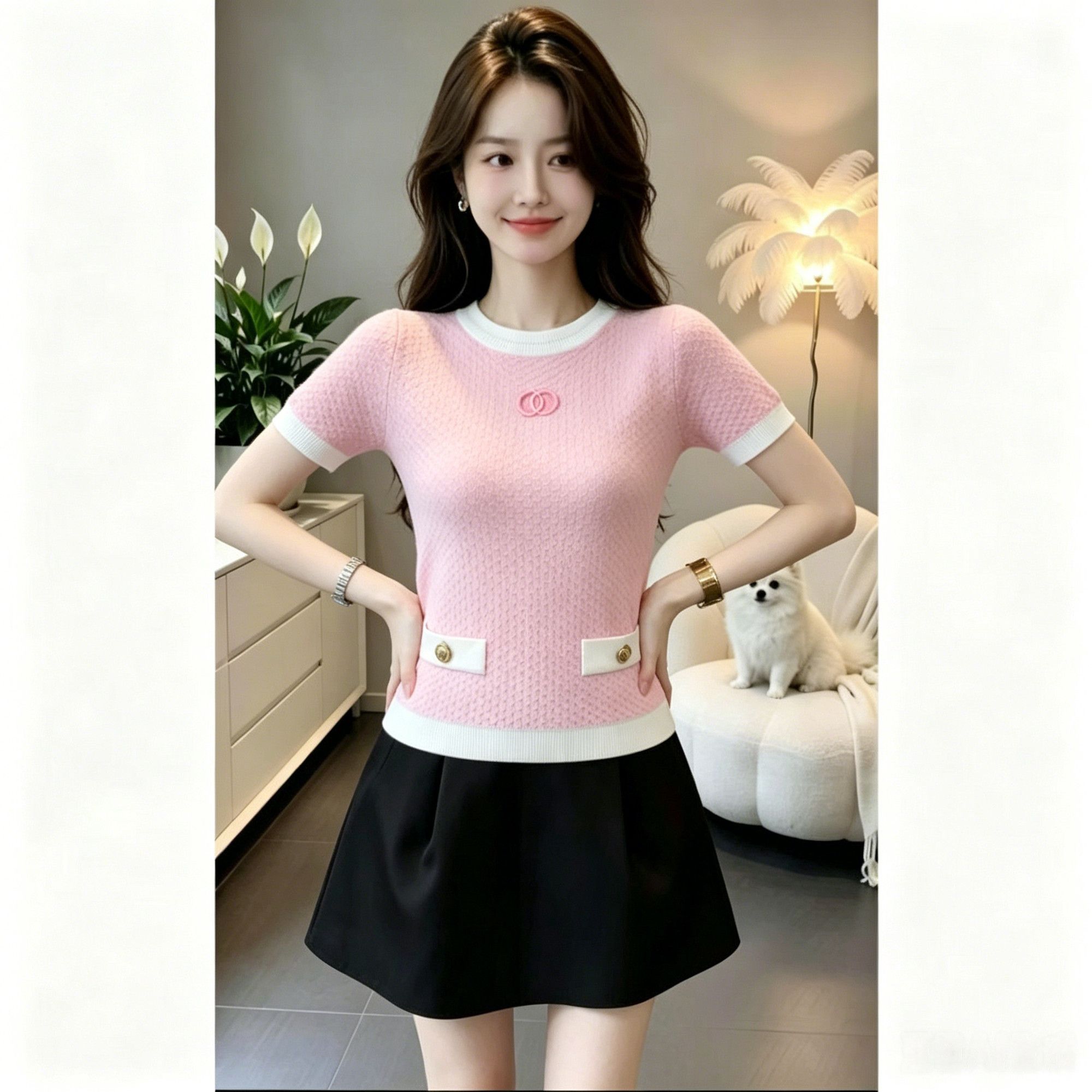 Casual Knit Shirt Women, 2026 Summer New French Style Color-Block Round-Neck Short-Sleeve Top For Women_ecoleips.com