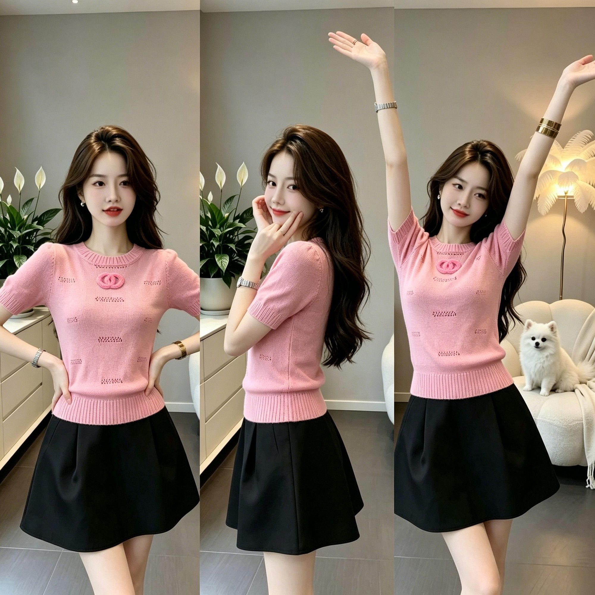 Fashionable And Versatile With A French-style Pink Short Sleeve, 2026 Summer High-end Embroidered Round-neck Top_ecoleips.com