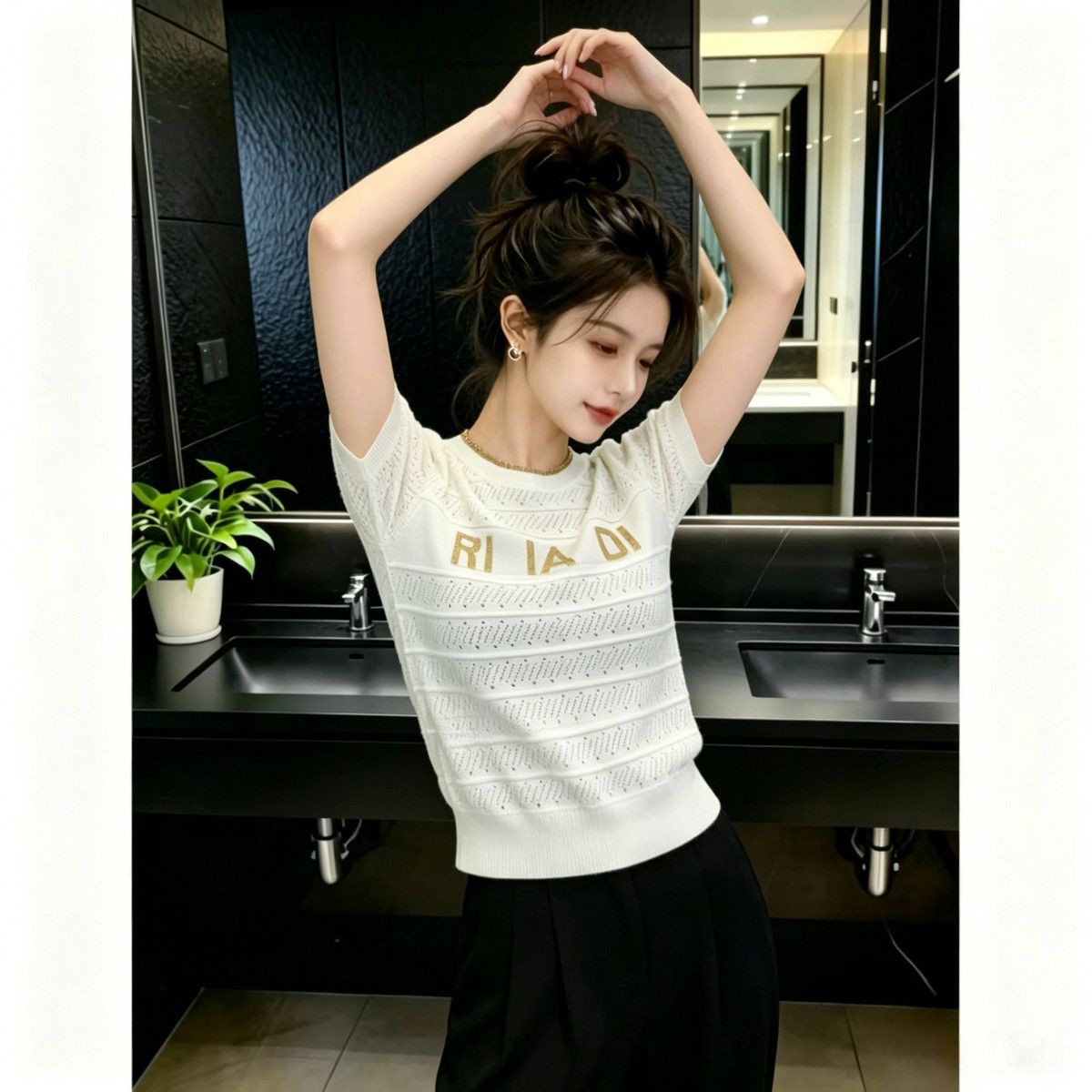 Korean-style Hollow-out Knitted Short-sleeve T-shirt For Women, 2026 Spring-summer New Model, Breathable, Regular_ecoleips.com