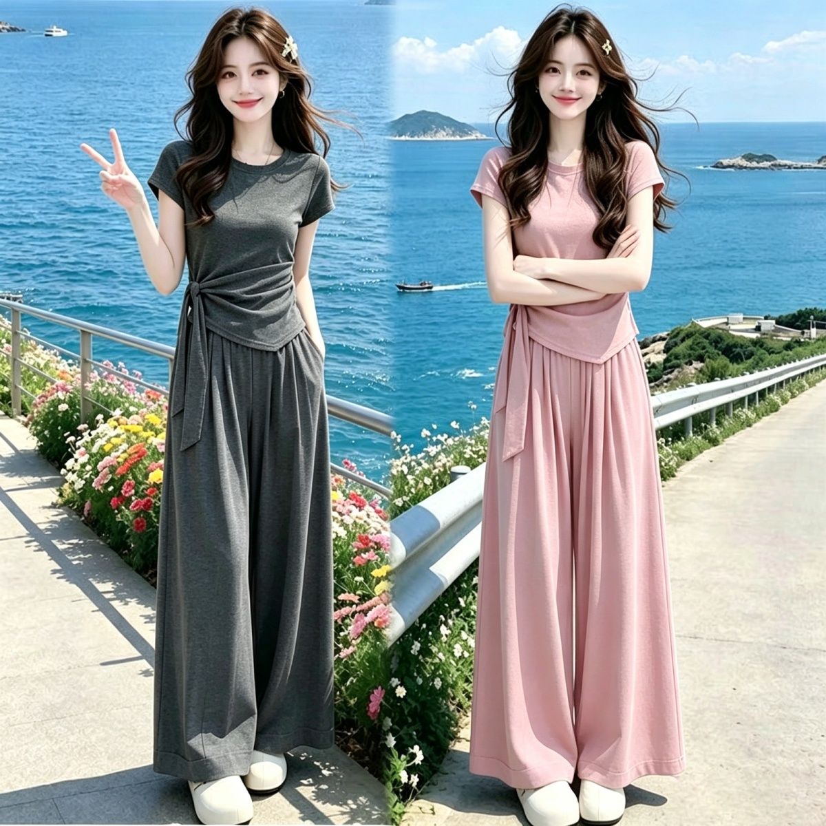 2026新款夏季时尚两件套女洋气夏日绑带设计T阔腿裤裙套装无裤袋