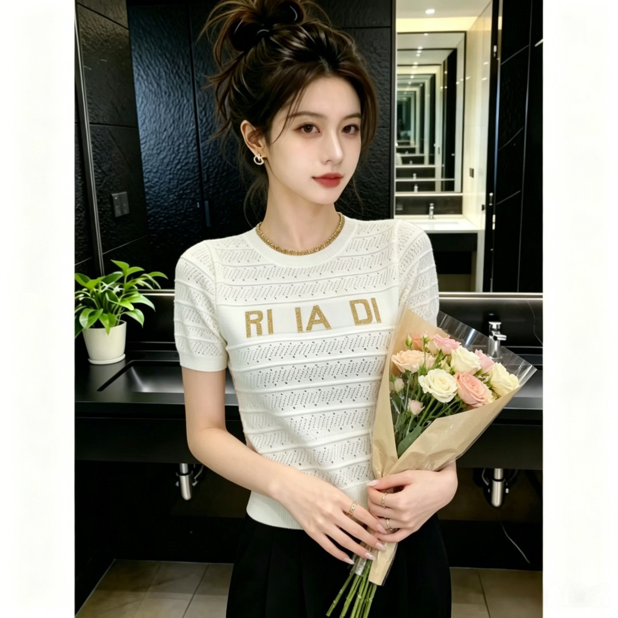 Korean-style Hollow-out Knitted Short-sleeve T-shirt For Women, 2026 Spring-summer New Model, Breathable, Regular_ecoleips.com