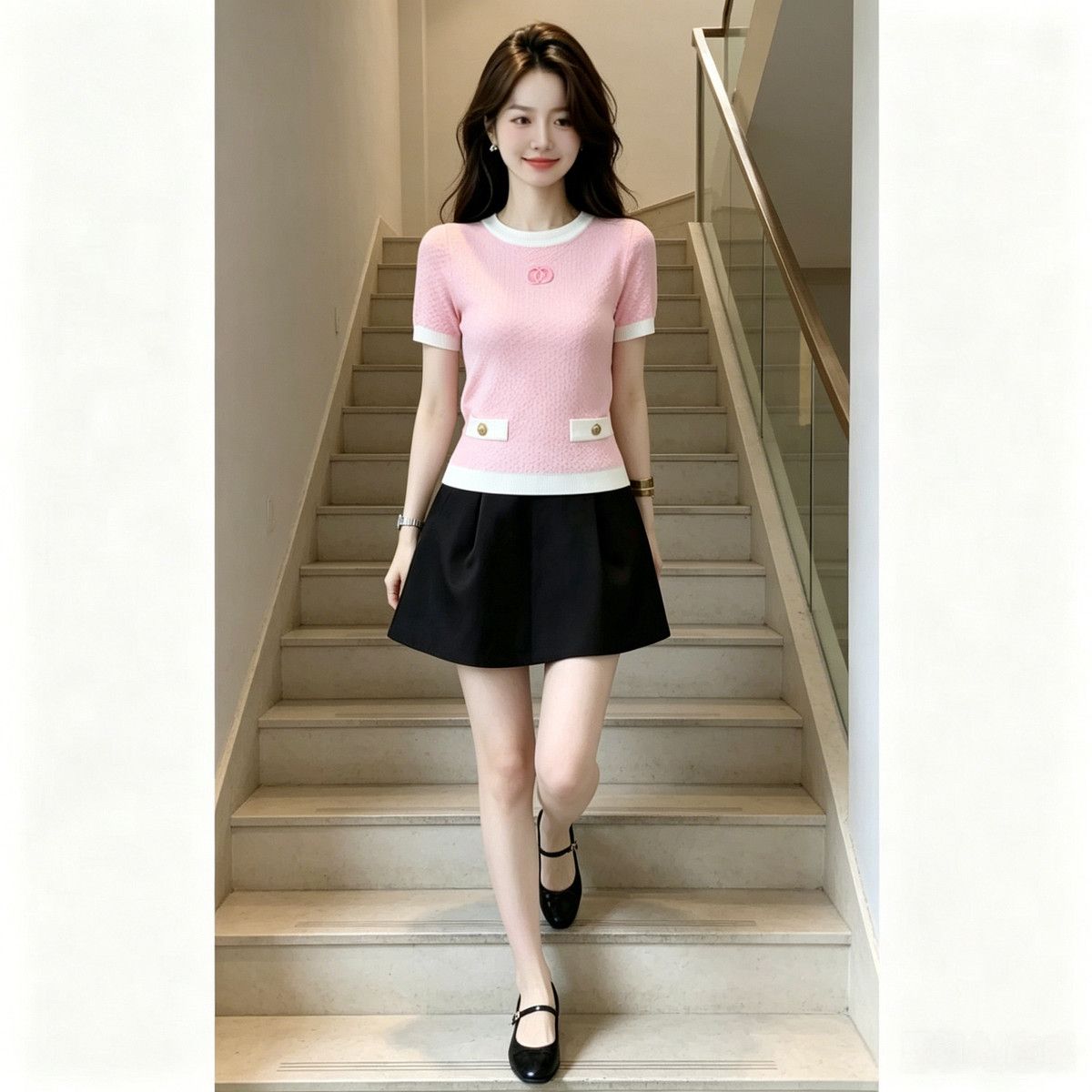 Casual Knit Shirt Women, 2026 Summer New French Style Color-Block Round-Neck Short-Sleeve Top For Women_ecoleips.com