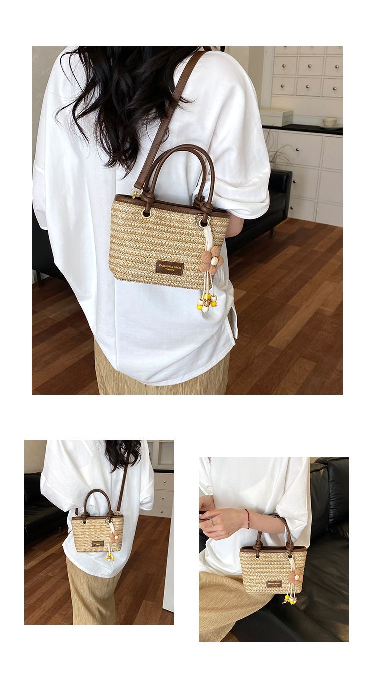 Borsa a secchiello in paglia intrecciata donna, borsa a righe_voghion.com