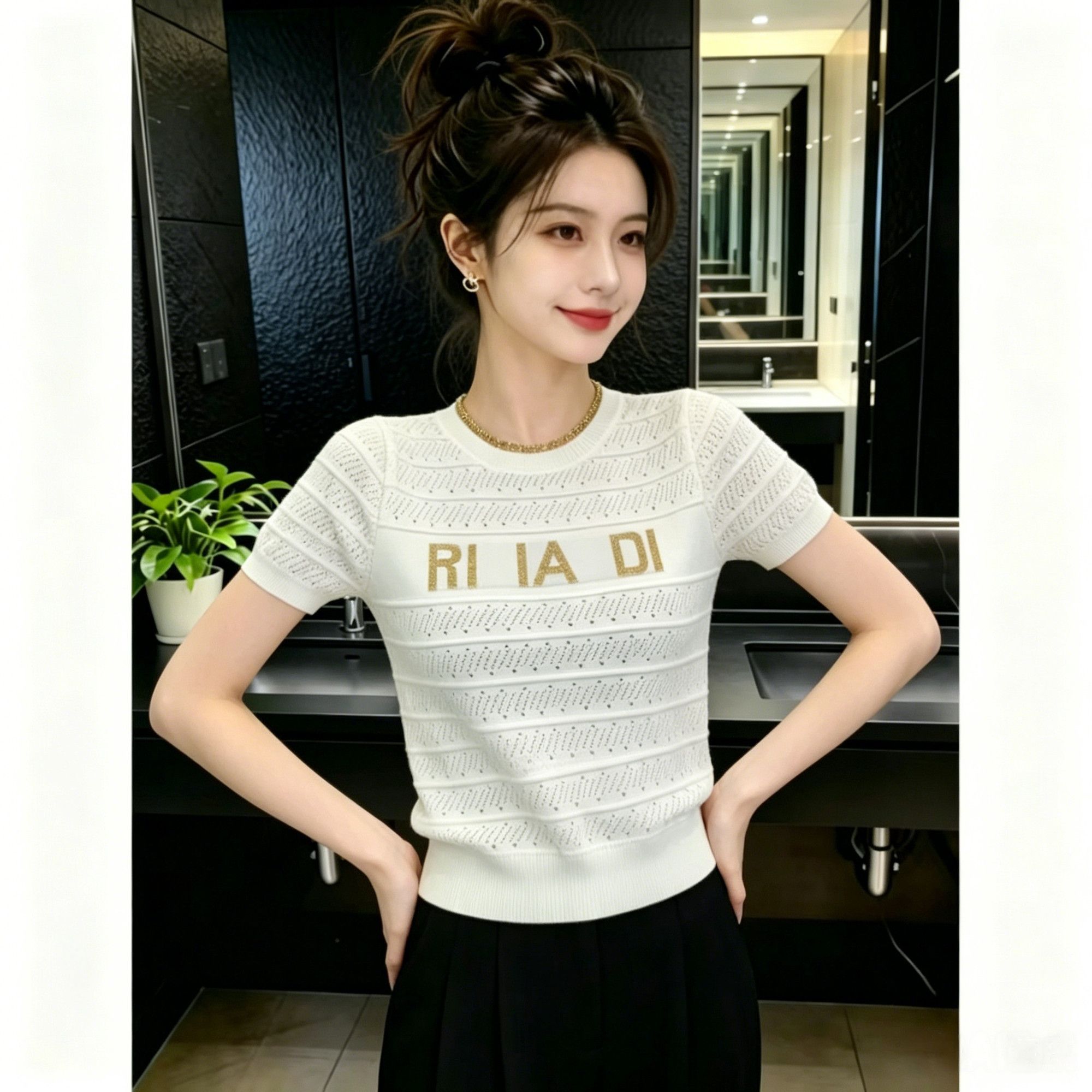Korean-style Hollow-out Knitted Short-sleeve T-shirt For Women, 2026 Spring-summer New Model, Breathable, Regular_ecoleips.com