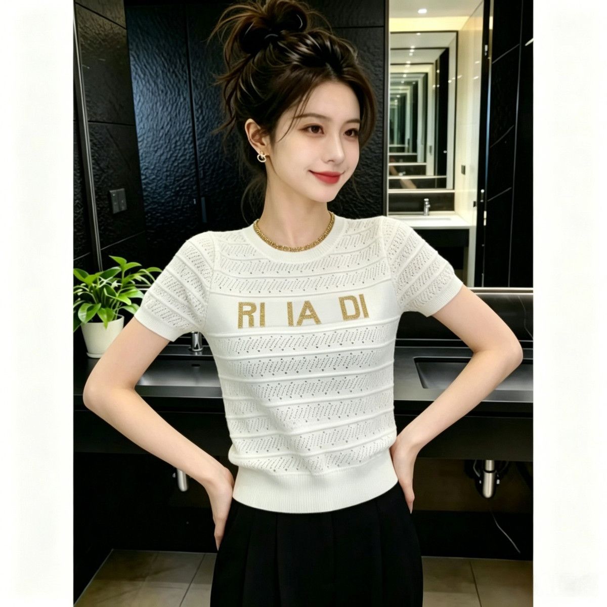 Korean-style Hollow-out Knitted Short-sleeve T-shirt For Women, 2026 Spring-summer New Model, Breathable, Regular_ecoleips.com