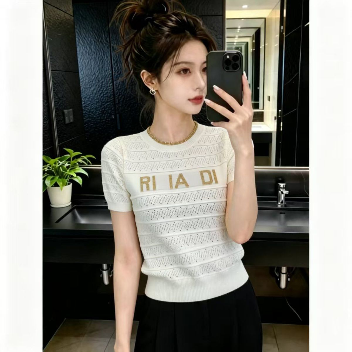 Korean-style Hollow-out Knitted Short-sleeve T-shirt For Women, 2026 Spring-summer New Model, Breathable, Regular_ecoleips.com