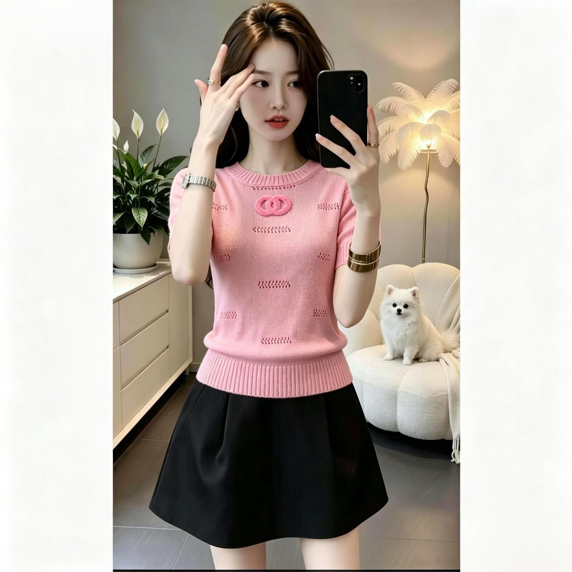 Fashionable And Versatile With A French-style Pink Short Sleeve, 2026 Summer High-end Embroidered Round-neck Top_ecoleips.com