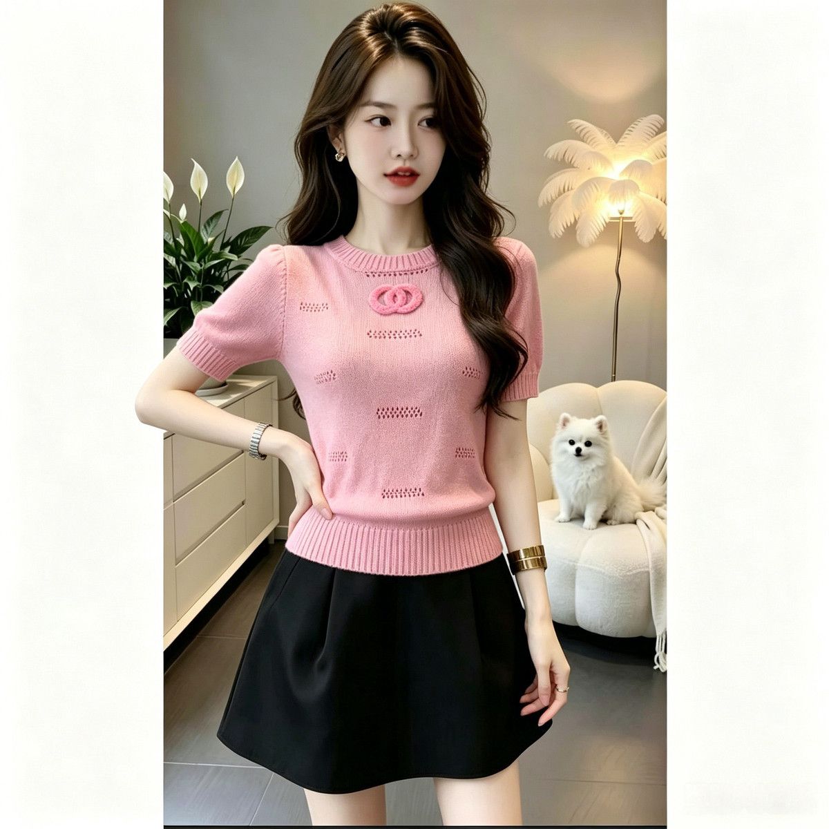 Fashionable And Versatile With A French-style Pink Short Sleeve, 2026 Summer High-end Embroidered Round-neck Top_ecoleips.com