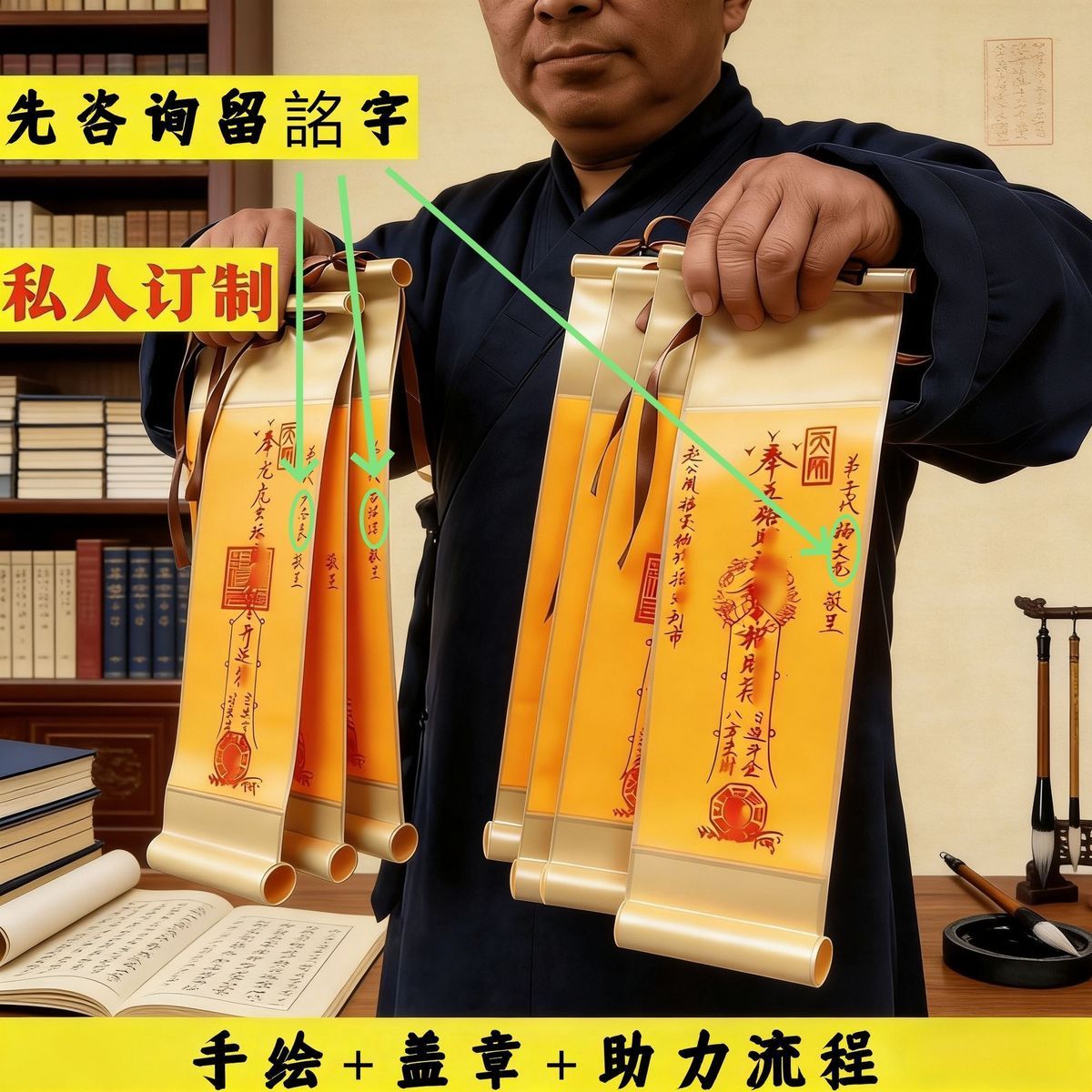 延福师傅朱砂纯手绘道系书法手卷卷轴定制客厅书房卧室玄关挂件 detail 1