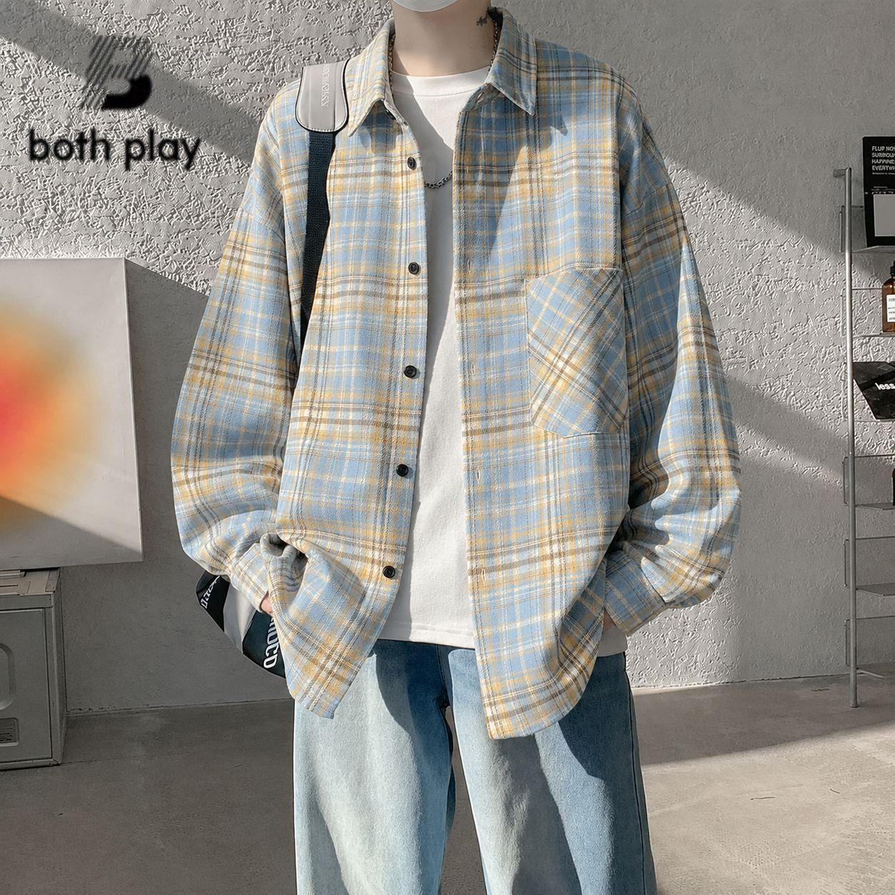 BOTH PLAY格子外套春秋美式新款衬衫长袖港风休闲衬衣复古上衣ins
