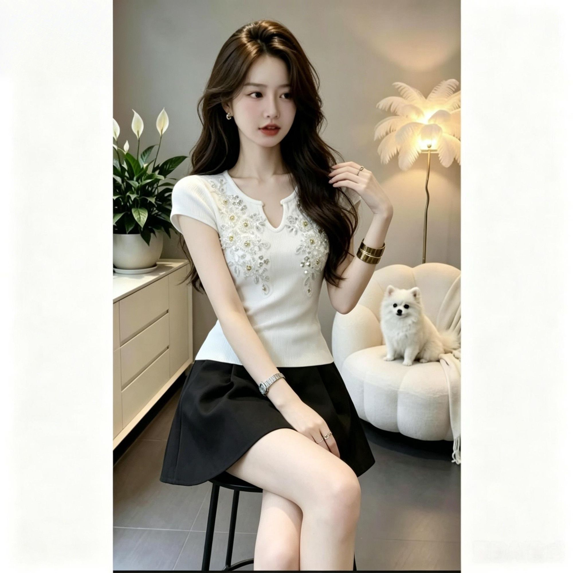Elegant Beaded Knit Women, 2026 Summer New Dopamine Casual Slim-fit Short-sleeve Top For Women_ecoleips.com