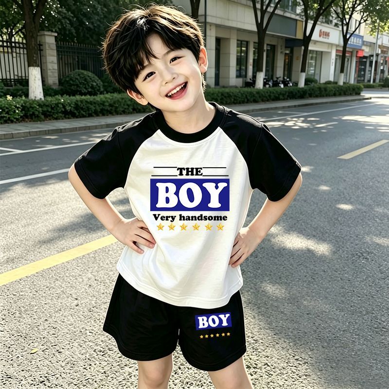 Vêtements 100% coton, T-shirt d'été à manches courtes raglan pour garçons et filles, Short imprimé lettres pour enfants,_voghion.com