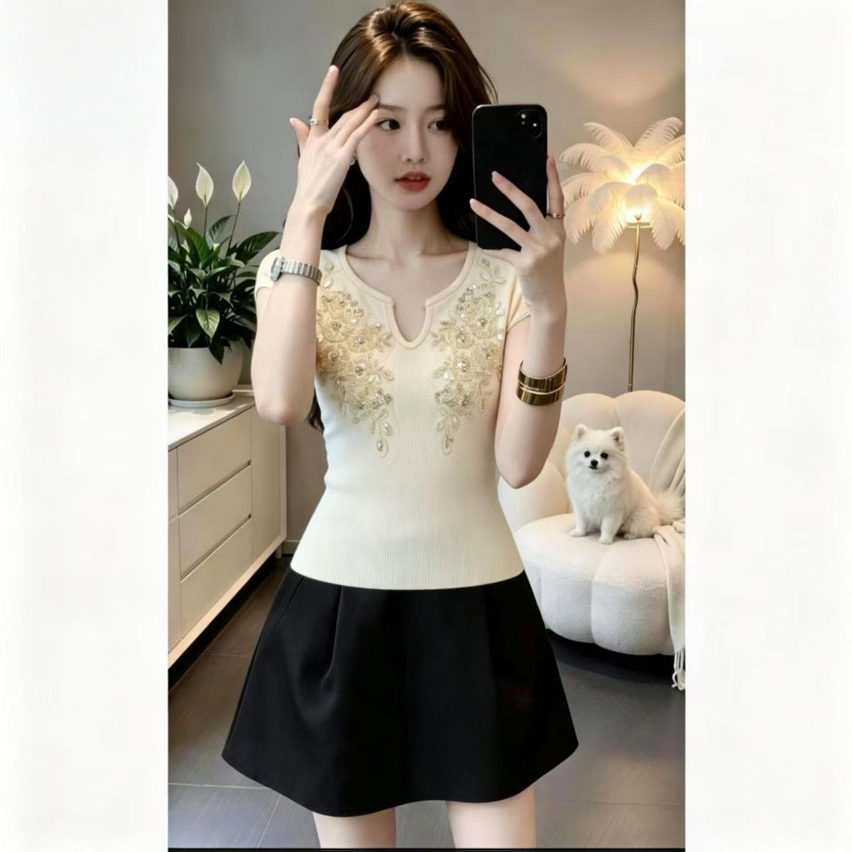 Elegant Beaded Knit Women, 2026 Summer New Dopamine Casual Slim-fit Short-sleeve Top For Women_ecoleips.com