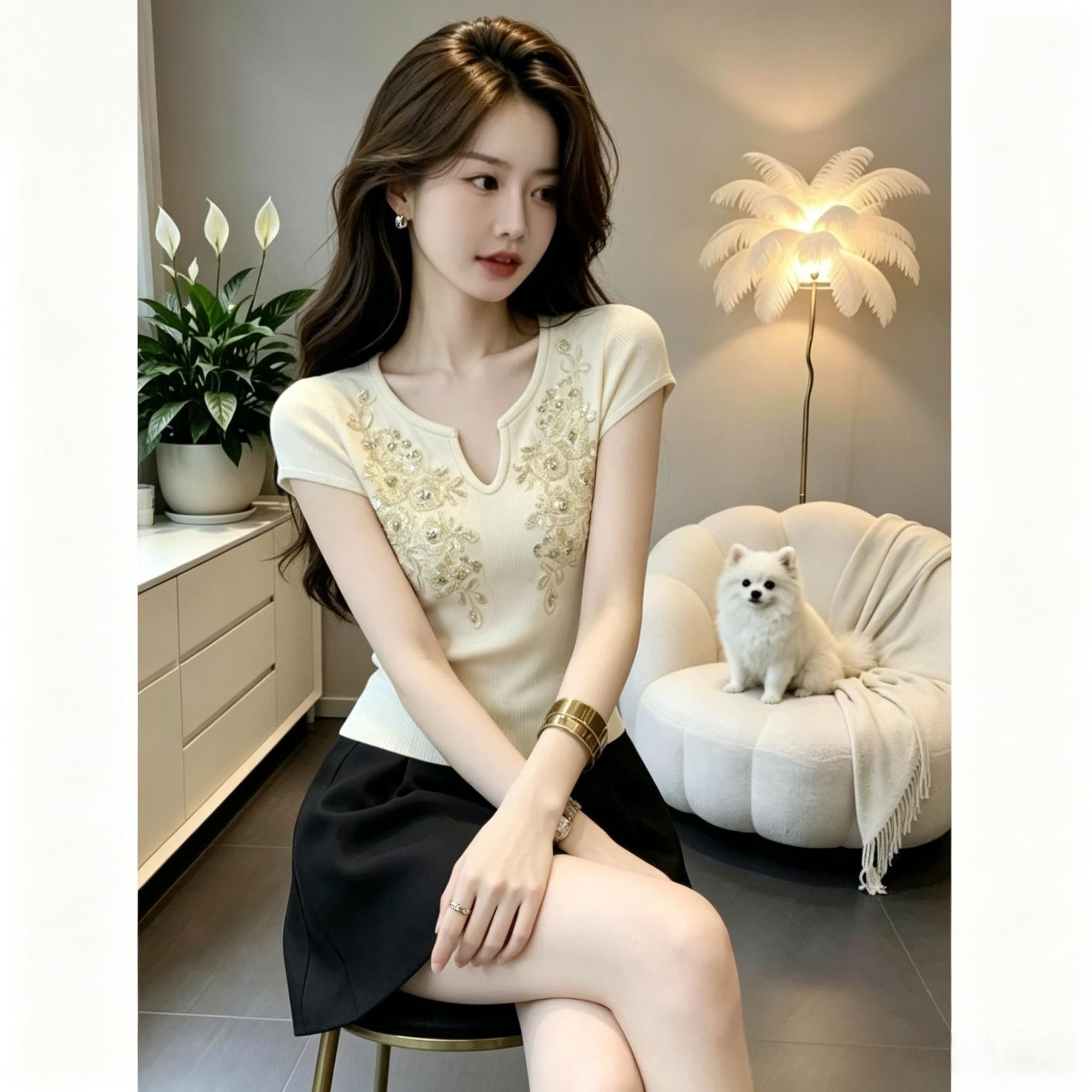 Elegant Beaded Knit Women, 2026 Summer New Dopamine Casual Slim-fit Short-sleeve Top For Women_ecoleips.com
