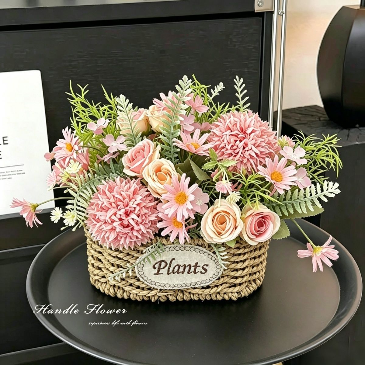 复古双耳草编花篮刺球玫瑰雏菊仿真花客厅家居摆件阳台轻奢装饰 图片 5