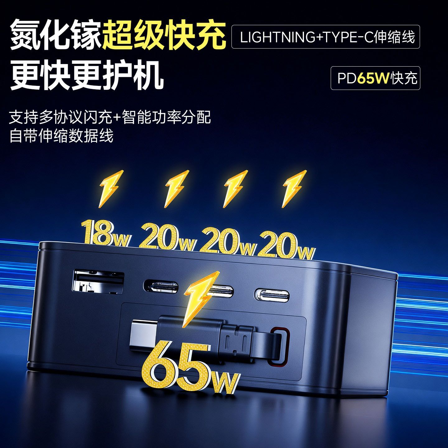 氮化镓65W五合一超级快充手机数码电脑充电器1.7米伸缩线