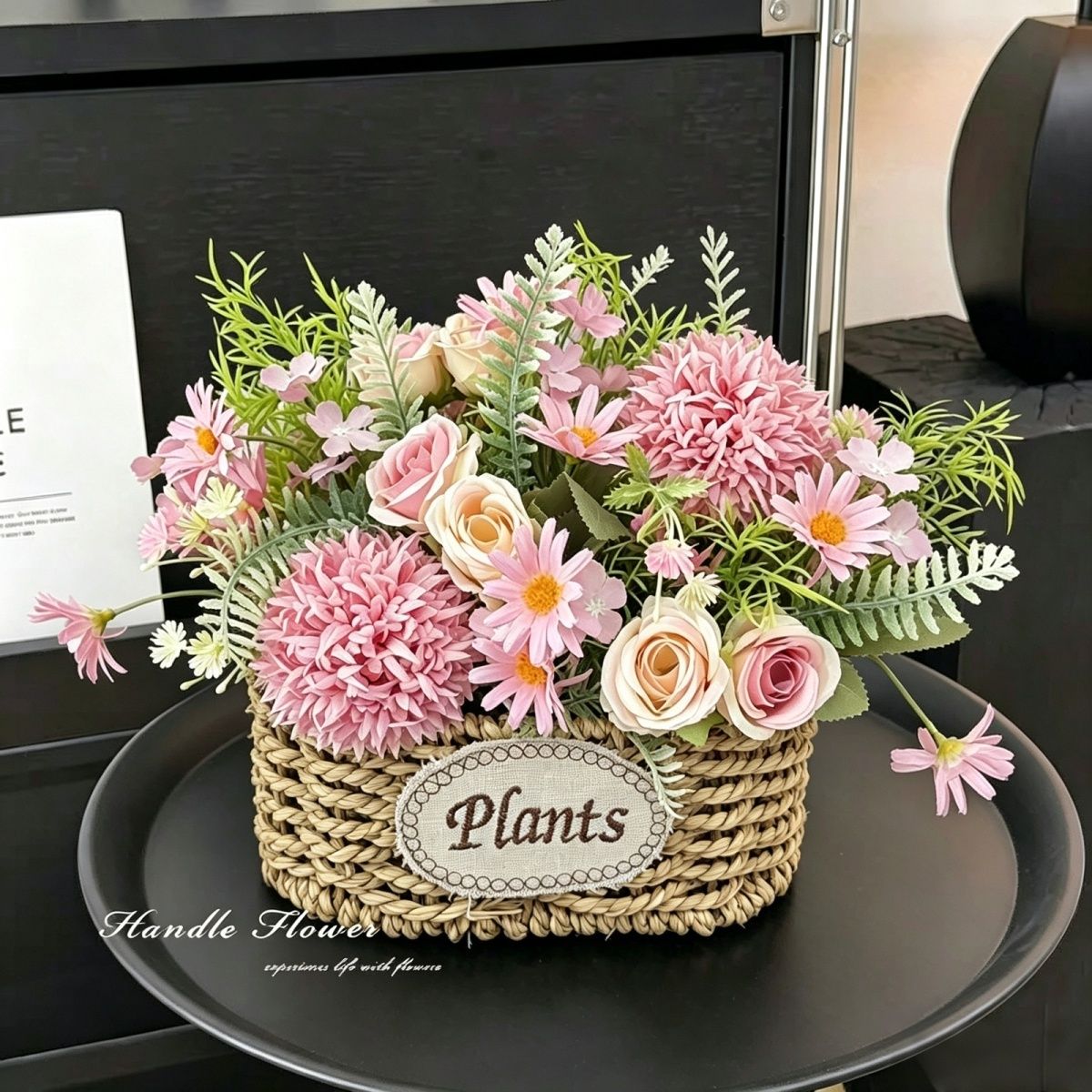 复古双耳草编花篮刺球玫瑰雏菊仿真花客厅家居摆件阳台轻奢装饰