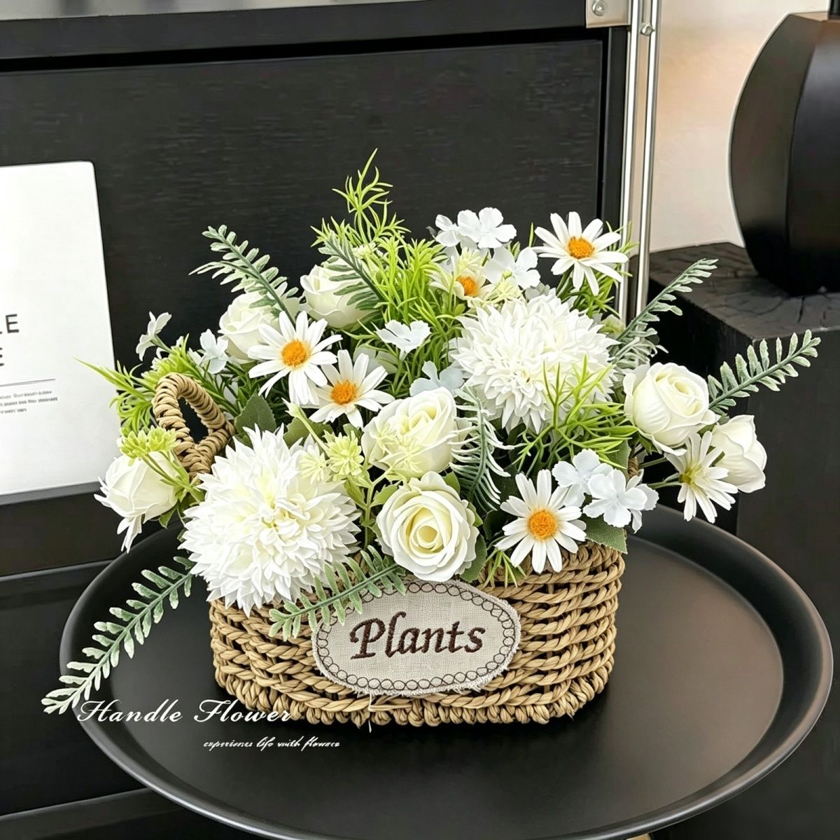 复古双耳草编花篮刺球玫瑰雏菊仿真花客厅家居摆件阳台轻奢装饰 图片 3