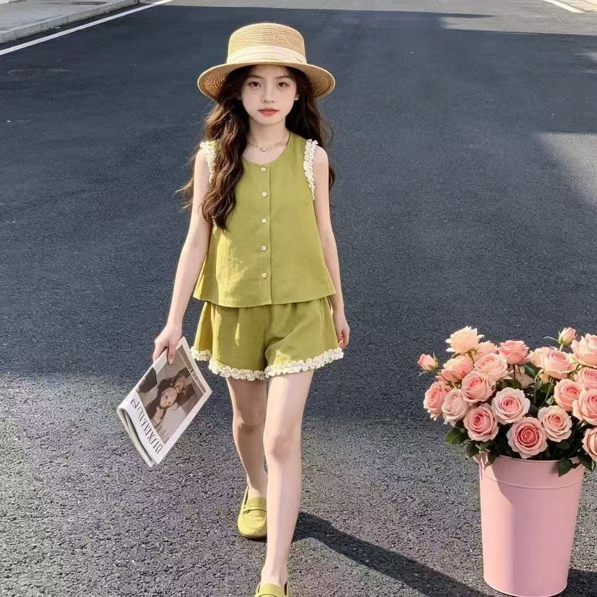 中大女童夏季超仙薄款背心两件套女孩甜美显白无袖夏装女宝短裤潮【6月16日发完】 图片 2