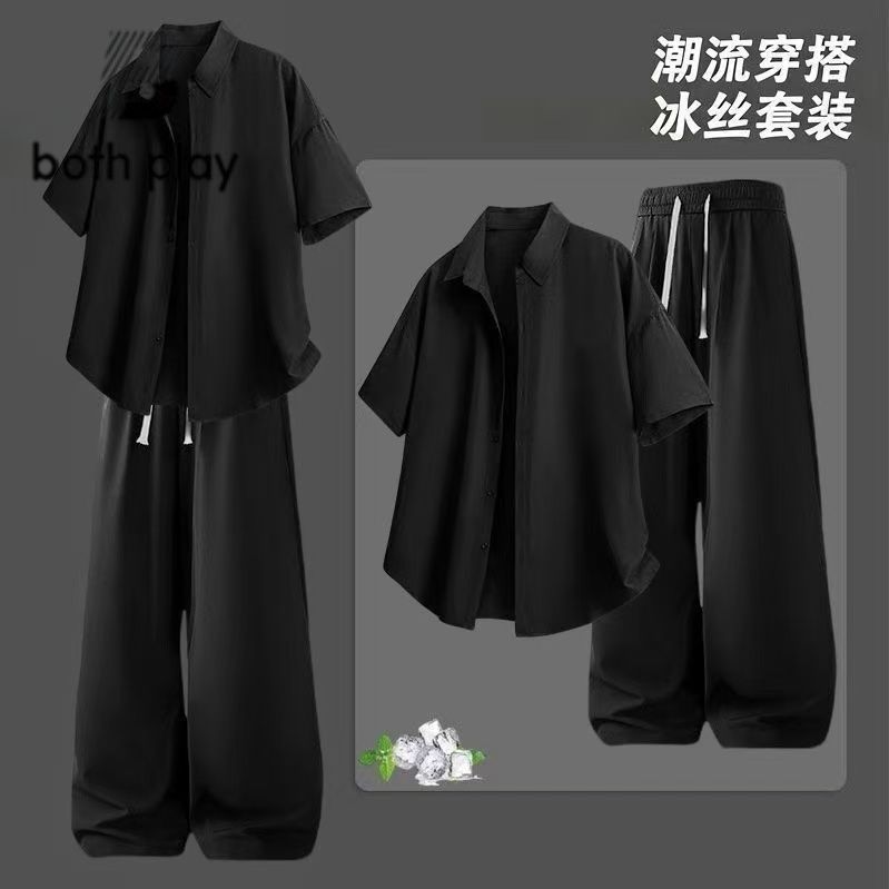 BOTH PLAY免烫冰丝衬衫套装男士夏季冰丝直筒裤休闲帅气衬衣全套