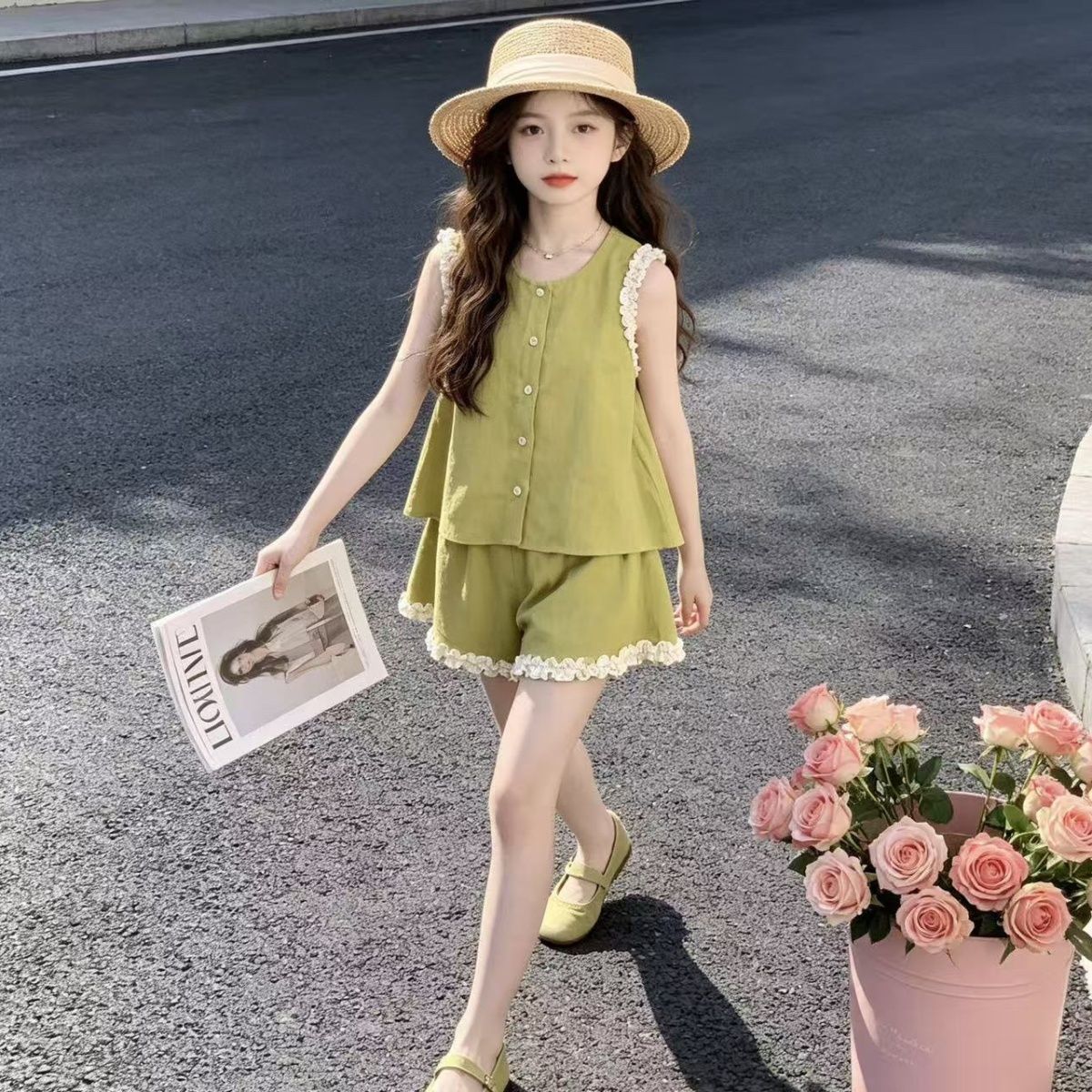 中大女童夏季超仙薄款背心两件套女孩甜美显白无袖夏装女宝短裤潮6月16日发完