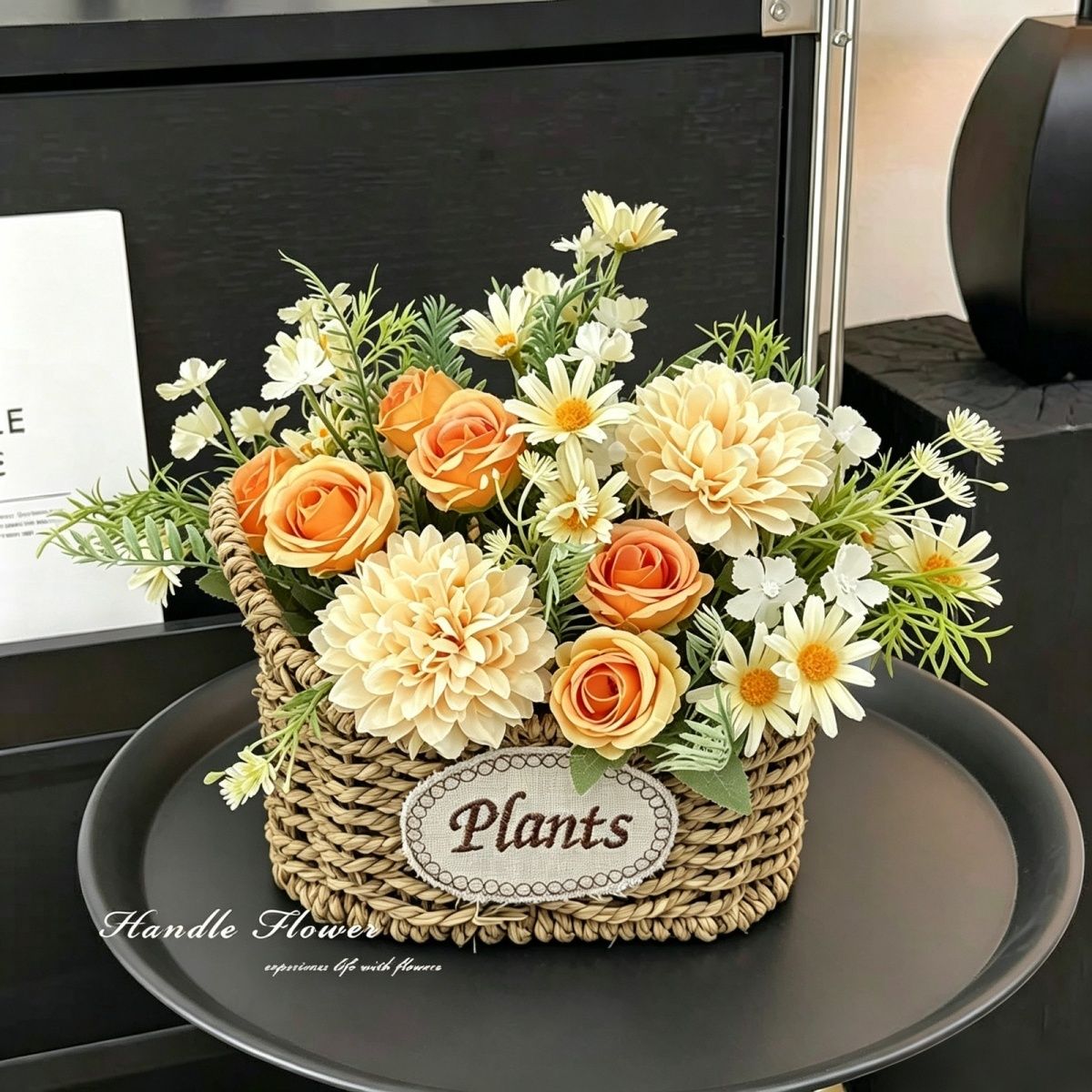 复古双耳草编花篮刺球玫瑰雏菊仿真花客厅家居摆件阳台轻奢装饰 图片 6