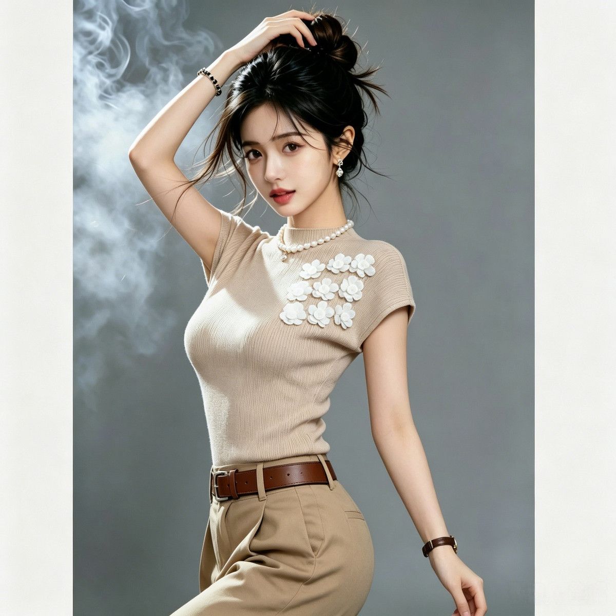 Three-dimensional Floral Decoration Short-sleeve Knit For Women, 2026 Summer New Style, Exquisite Milky Apricot Color,_ecoleips.com