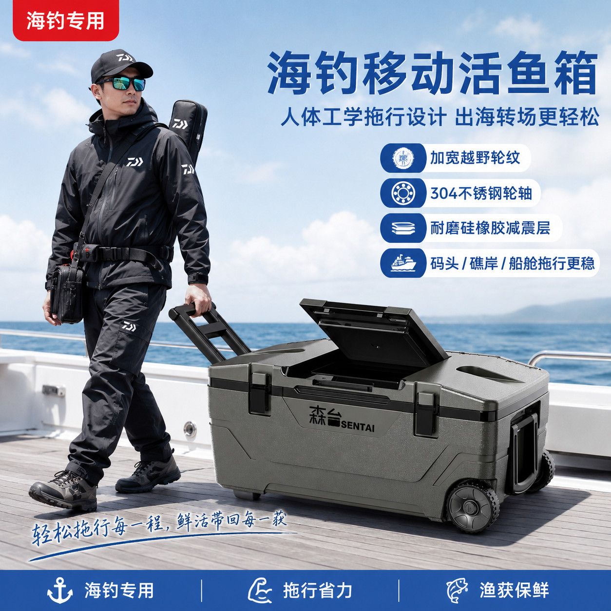 海钓专用钓箱钓鱼大容量带轮子船钓拉杆式冷藏箱加长海钓保温箱