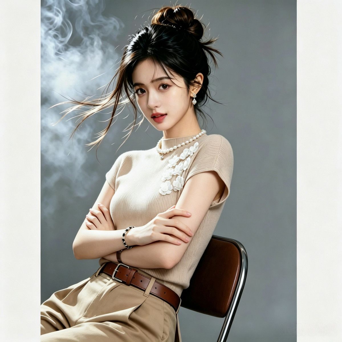 Three-dimensional Floral Decoration Short-sleeve Knit For Women, 2026 Summer New Style, Exquisite Milky Apricot Color,_ecoleips.com