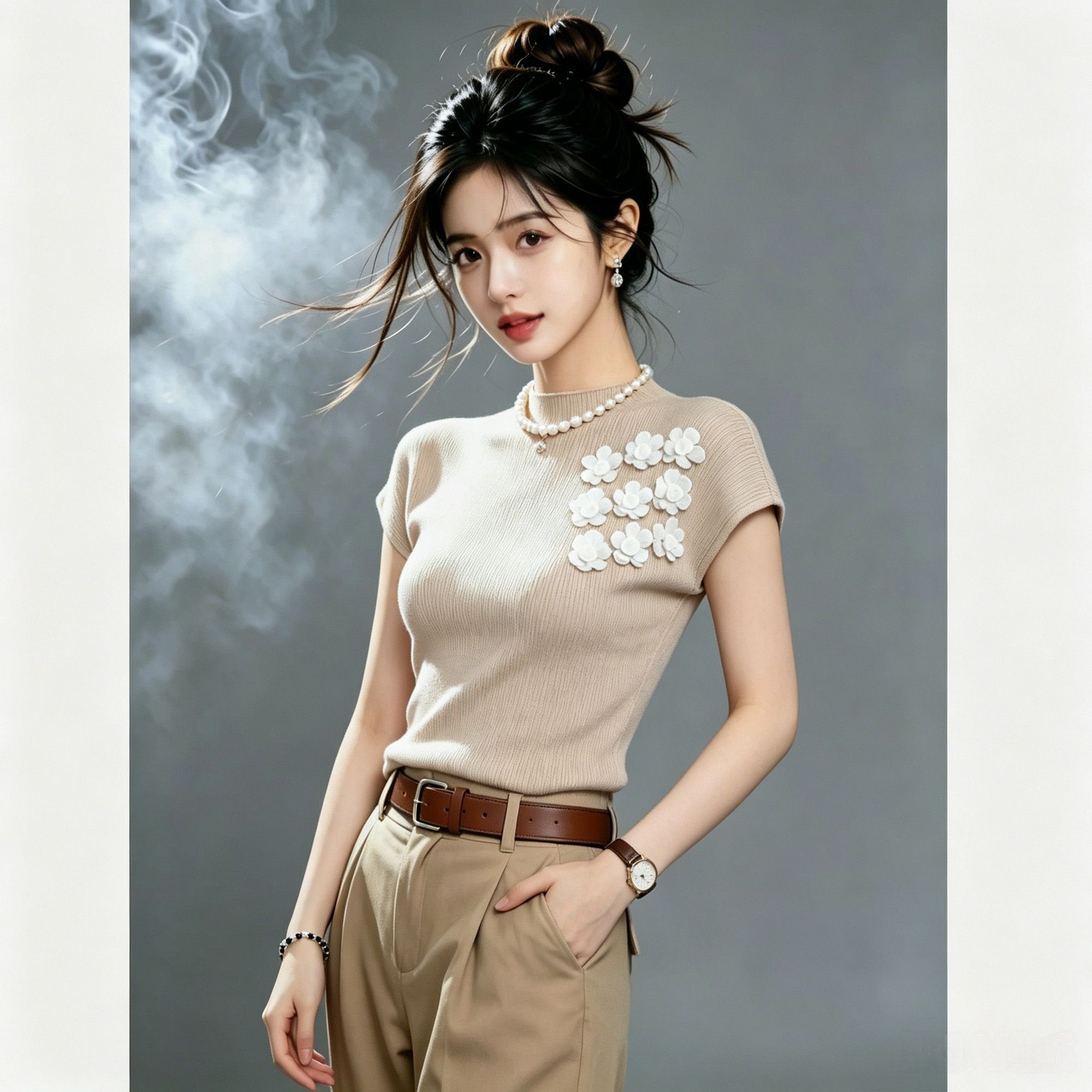 Three-dimensional Floral Decoration Short-sleeve Knit For Women, 2026 Summer New Style, Exquisite Milky Apricot Color,_ecoleips.com