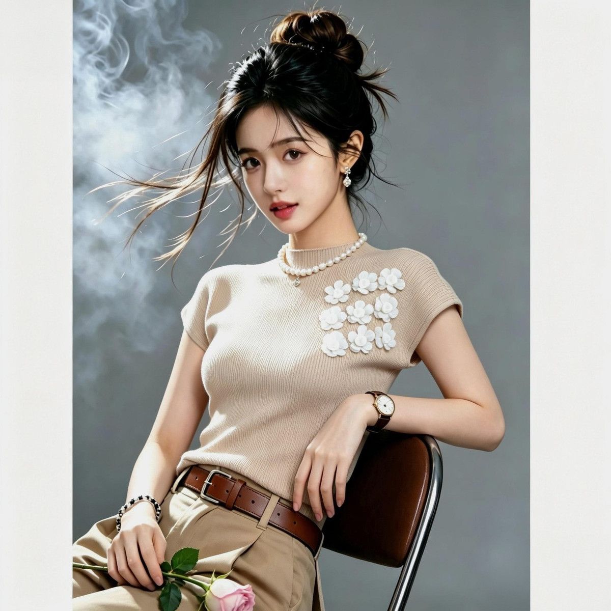Three-dimensional Floral Decoration Short-sleeve Knit For Women, 2026 Summer New Style, Exquisite Milky Apricot Color,_ecoleips.com