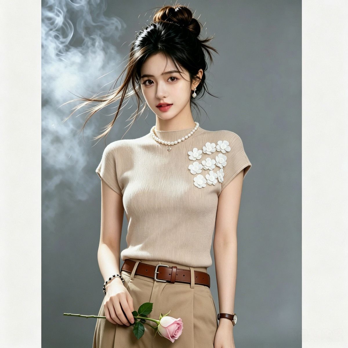 Three-dimensional Floral Decoration Short-sleeve Knit For Women, 2026 Summer New Style, Exquisite Milky Apricot Color,_ecoleips.com