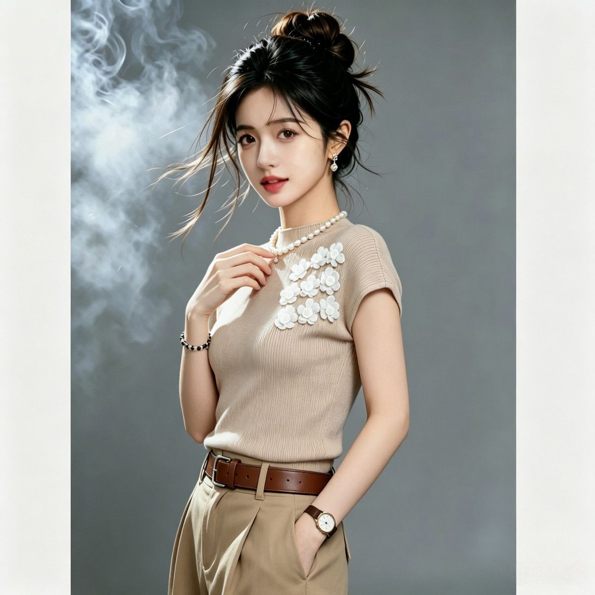 Three-dimensional Floral Decoration Short-sleeve Knit For Women, 2026 Summer New Style, Exquisite Milky Apricot Color,_ecoleips.com