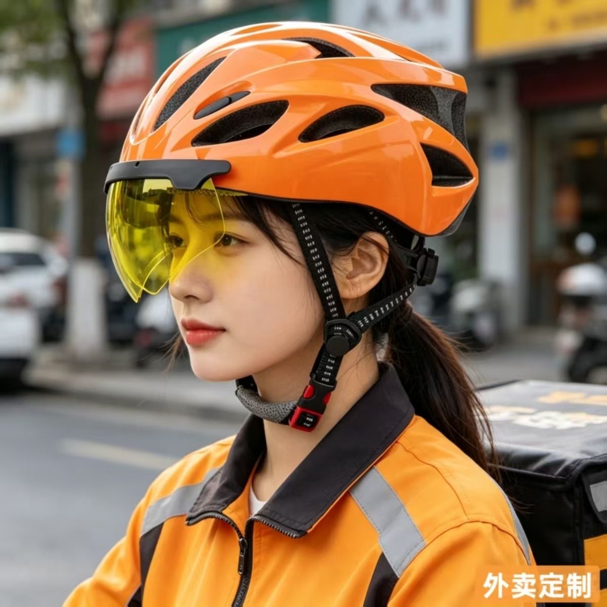 淘闪骑手外卖专用头盔橙色超轻舒适男女适用可调节头围轻便防晒