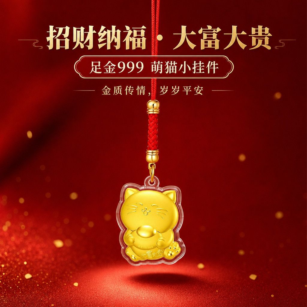 鑫绿翡足金999招财萌猫挂件步步高升大富大贵节日送女友礼品惊喜